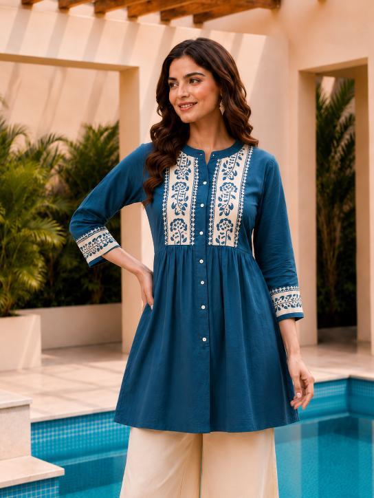 Surili Teal Blue Dabu Cotton With Embroidery Work Embroidery Tunic - Image 4