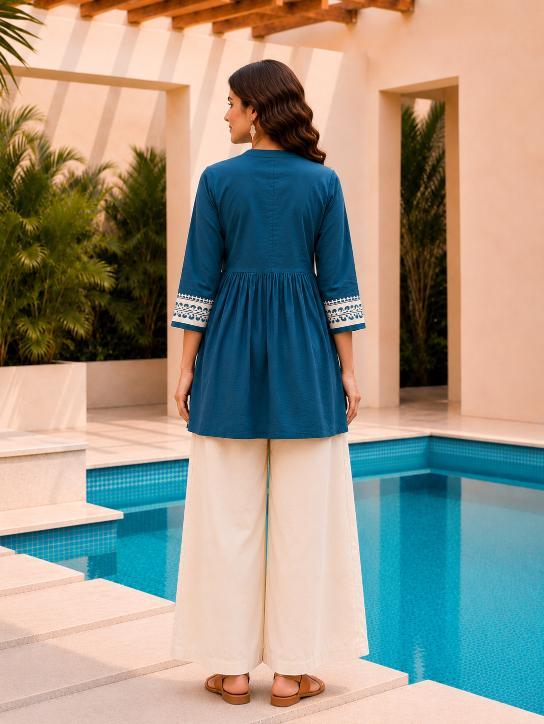 Surili Teal Blue Dabu Cotton With Embroidery Work Embroidery Tunic - Image 5