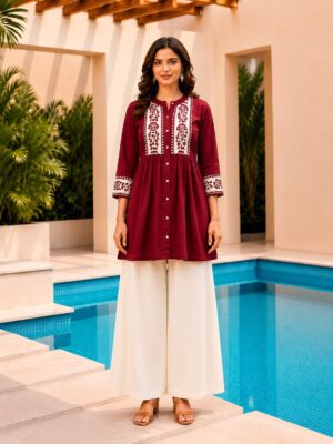 Surili Maroon Dabu Cotton With Embroidery Work Embroidery Tunic