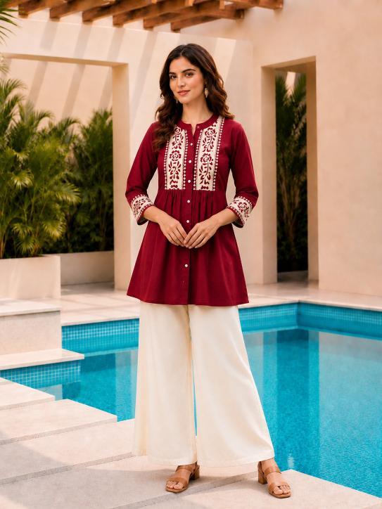 Surili Maroon Dabu Cotton With Embroidery Work Embroidery Tunic - Image 3