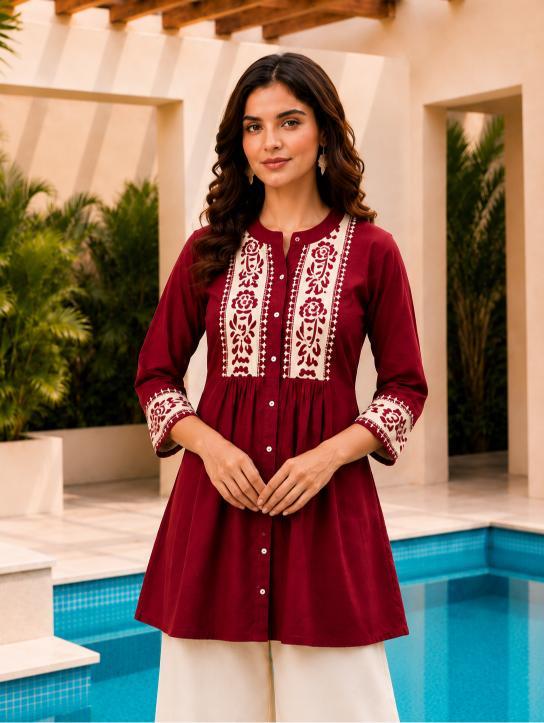 Surili Maroon Dabu Cotton With Embroidery Work Embroidery Tunic - Image 4