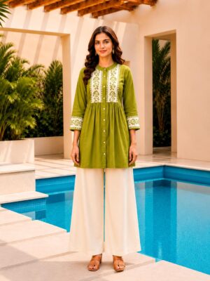 Surili Parrot Green Dabu Cotton With Embroidery Work Embroidery Tunic