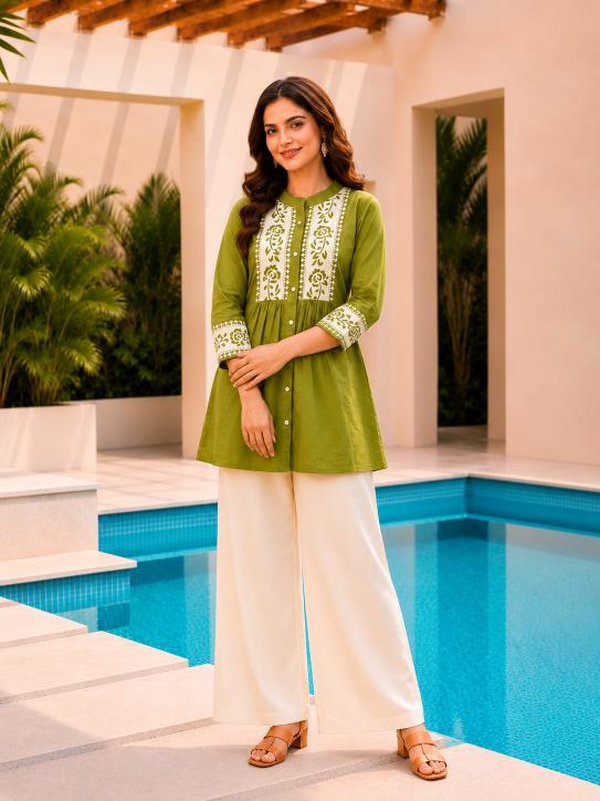 Surili Parrot Green Dabu Cotton With Embroidery Work Embroidery Tunic - Image 3