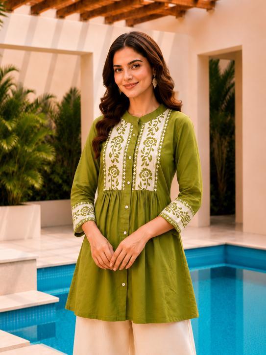 Surili Parrot Green Dabu Cotton With Embroidery Work Embroidery Tunic - Image 4
