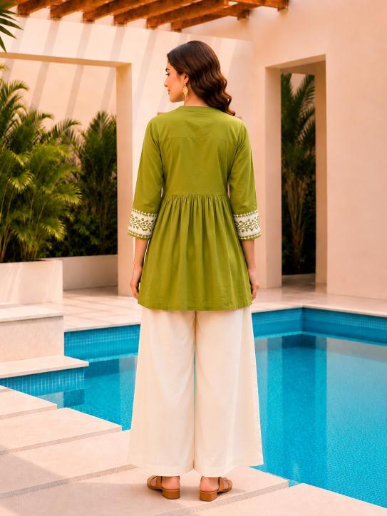 Surili Parrot Green Dabu Cotton With Embroidery Work Embroidery Tunic - Image 5