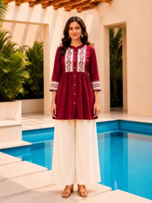 Surili Red Dabu Cotton With Embroidery Work Embroidery Tunic