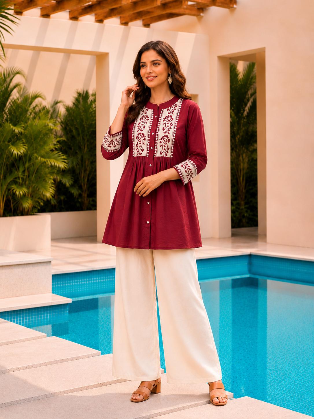 Surili Red Dabu Cotton With Embroidery Work Embroidery Tunic - Image 3