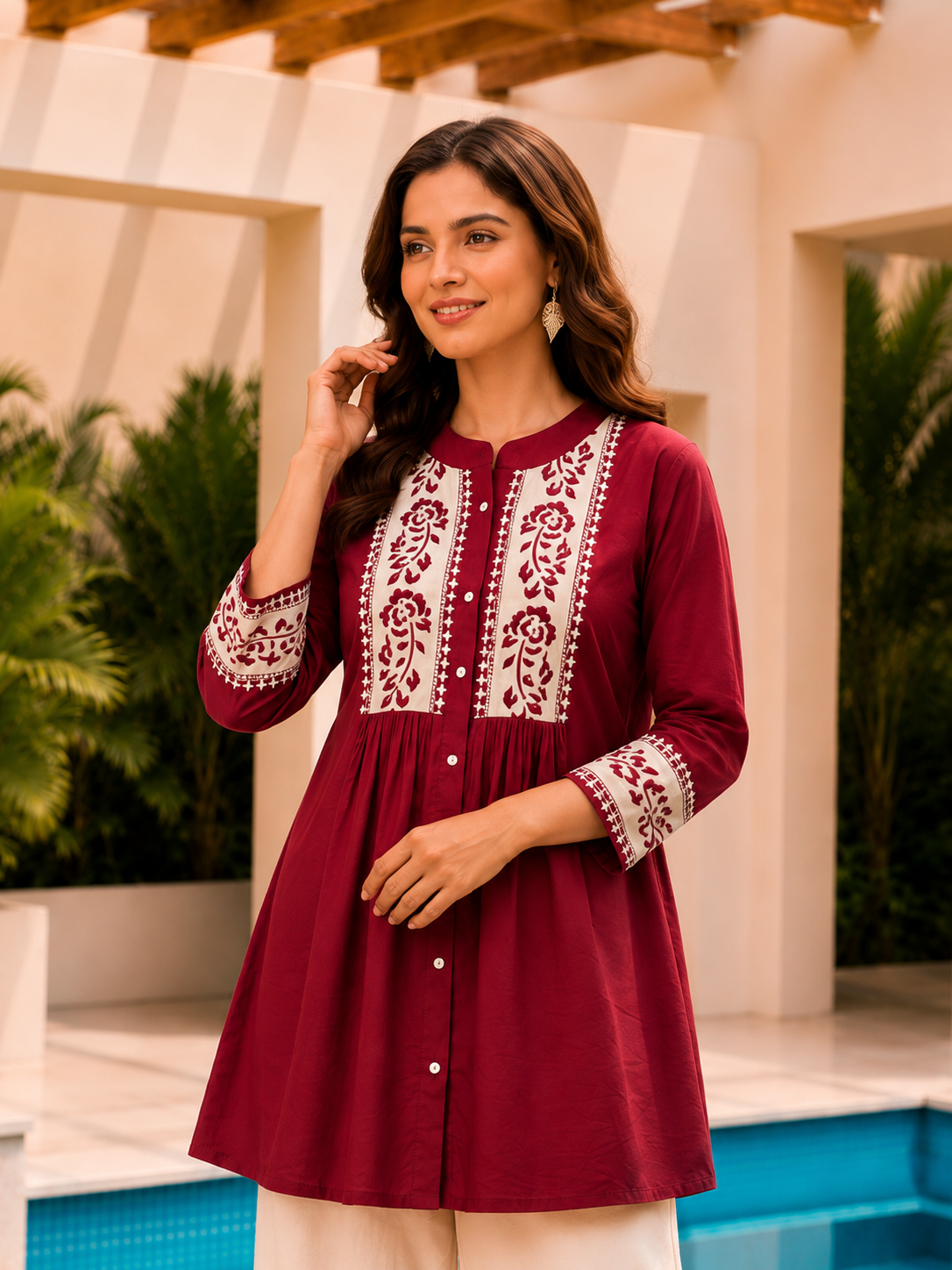 Surili Red Dabu Cotton With Embroidery Work Embroidery Tunic - Image 4