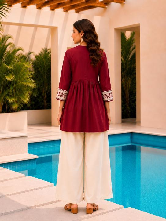 Surili Red Dabu Cotton With Embroidery Work Embroidery Tunic - Image 5